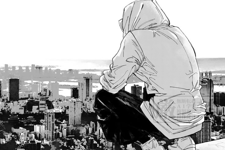 Black and white drawing of a hooded figure crouching over a city at dusk