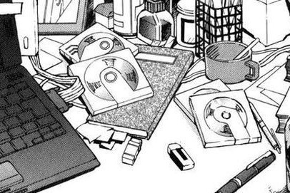 Black and white drawing of a desk with a laptop, coffee and sketches