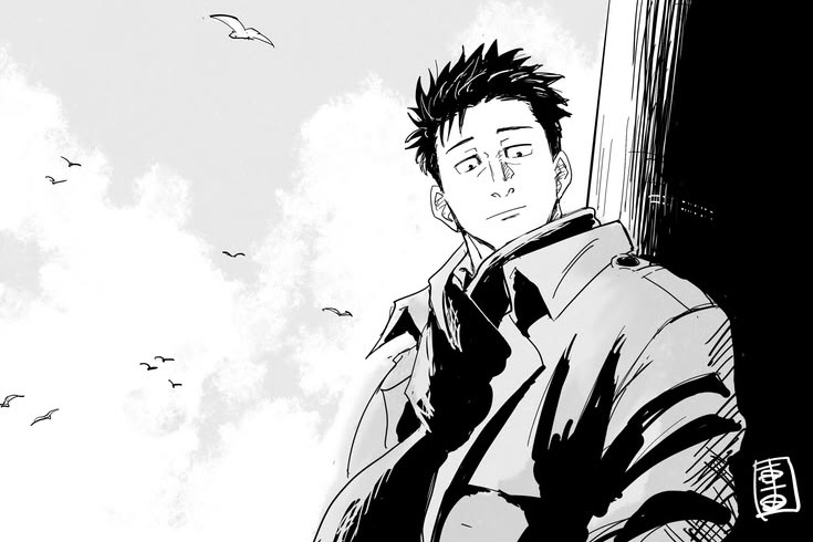Black and white manga panel of Higuruma looking up at birds in the sky